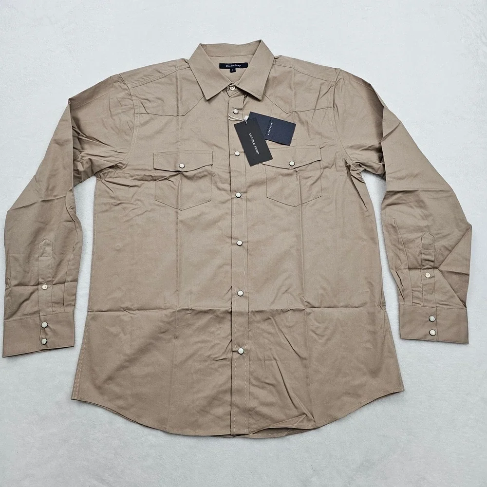 NEW Double Pump Western Shirt Mens L Khaki Pearl Snap Long Sleeve Cowboy Rodeo - Picture 2 of 10